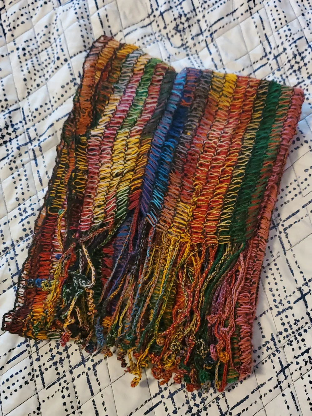 Vintage Italian Vibrant Multicolor Rainbow Striped Ruffle Handwoven Scarf